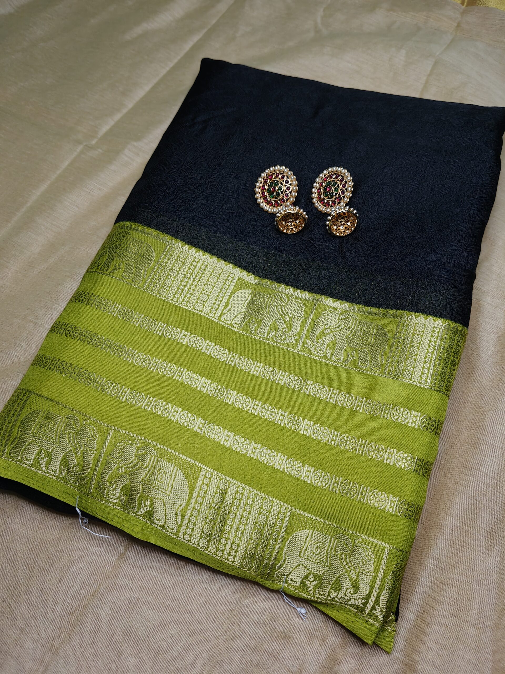 Midnight Green Heritage Border Saree