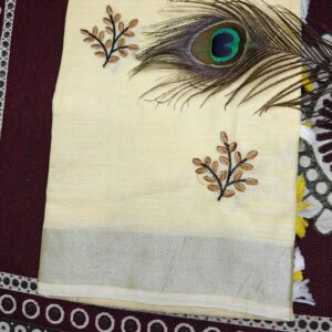 Buttercream Leaf Embroidered Cotton Saree