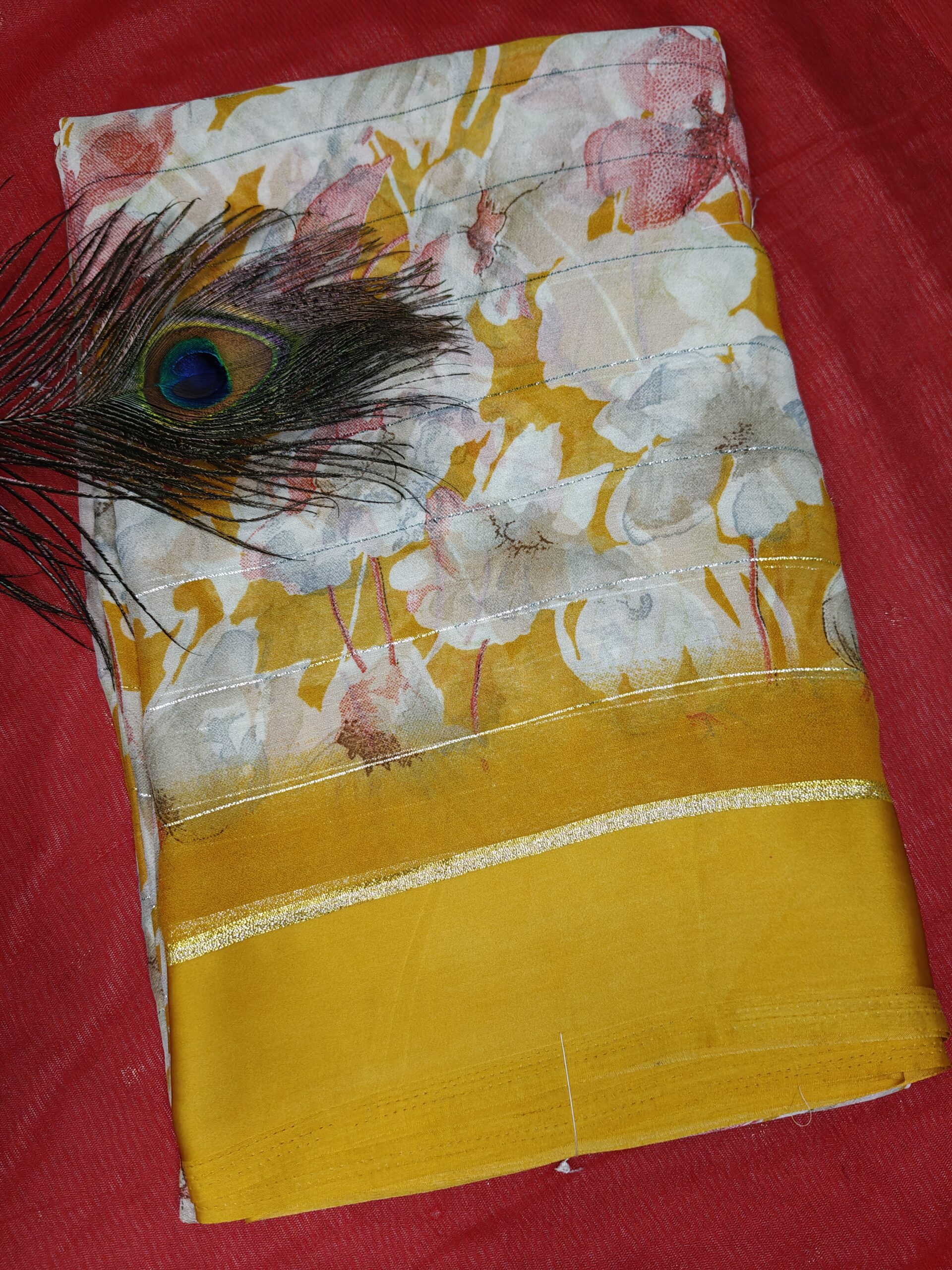 Mustard Glow Floral Zari Border Saree - Image 2