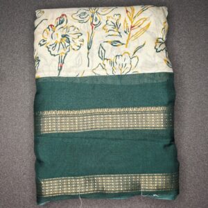 Ivory Floral Print Soft Silk Saree with Emerald Green Zari Border