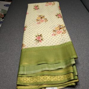 Ivory Floral Printed Soft Silk Saree with Emerald Green Zari Border