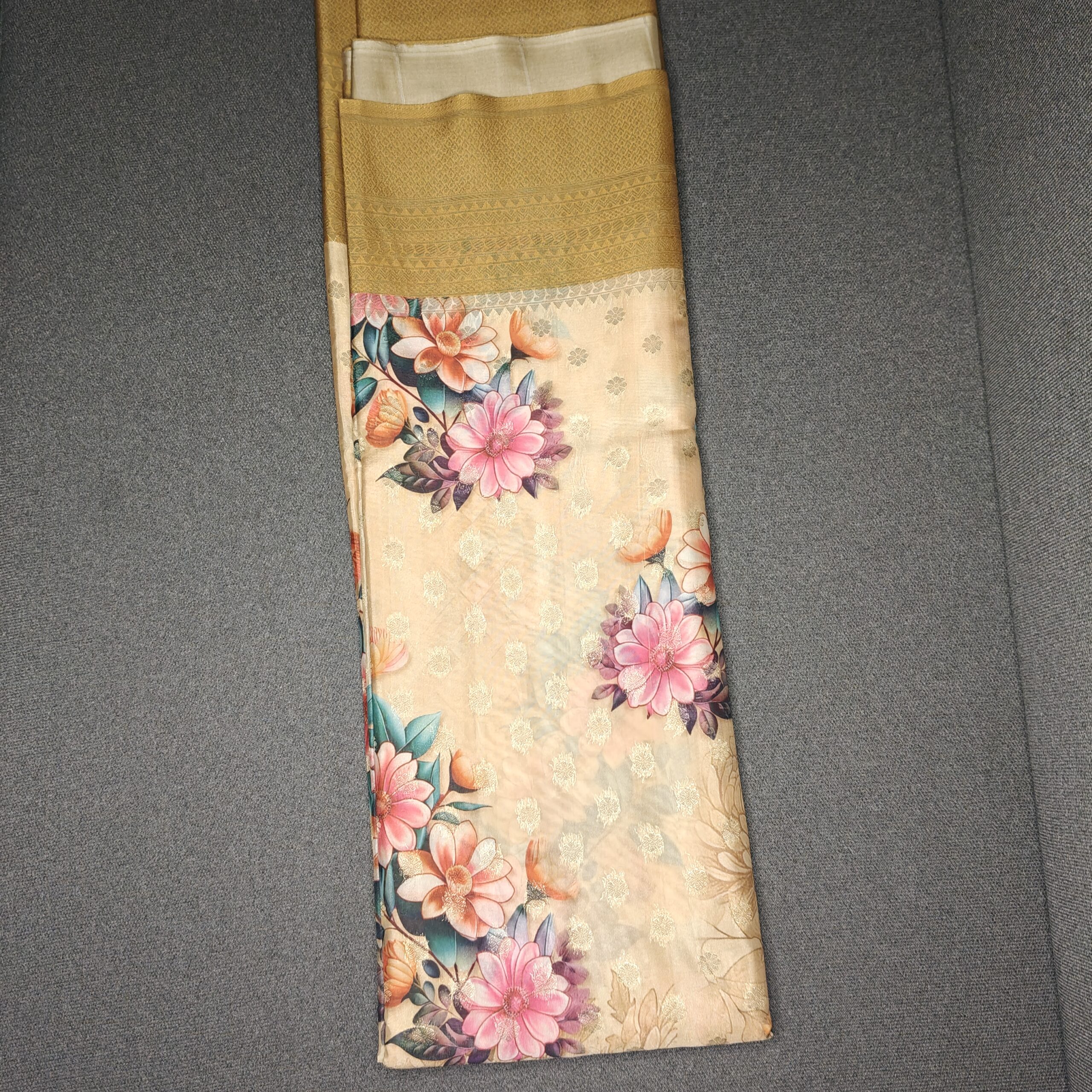 Beige Floral Printed Soft Silk Saree with Gold Zari Border - Image 2