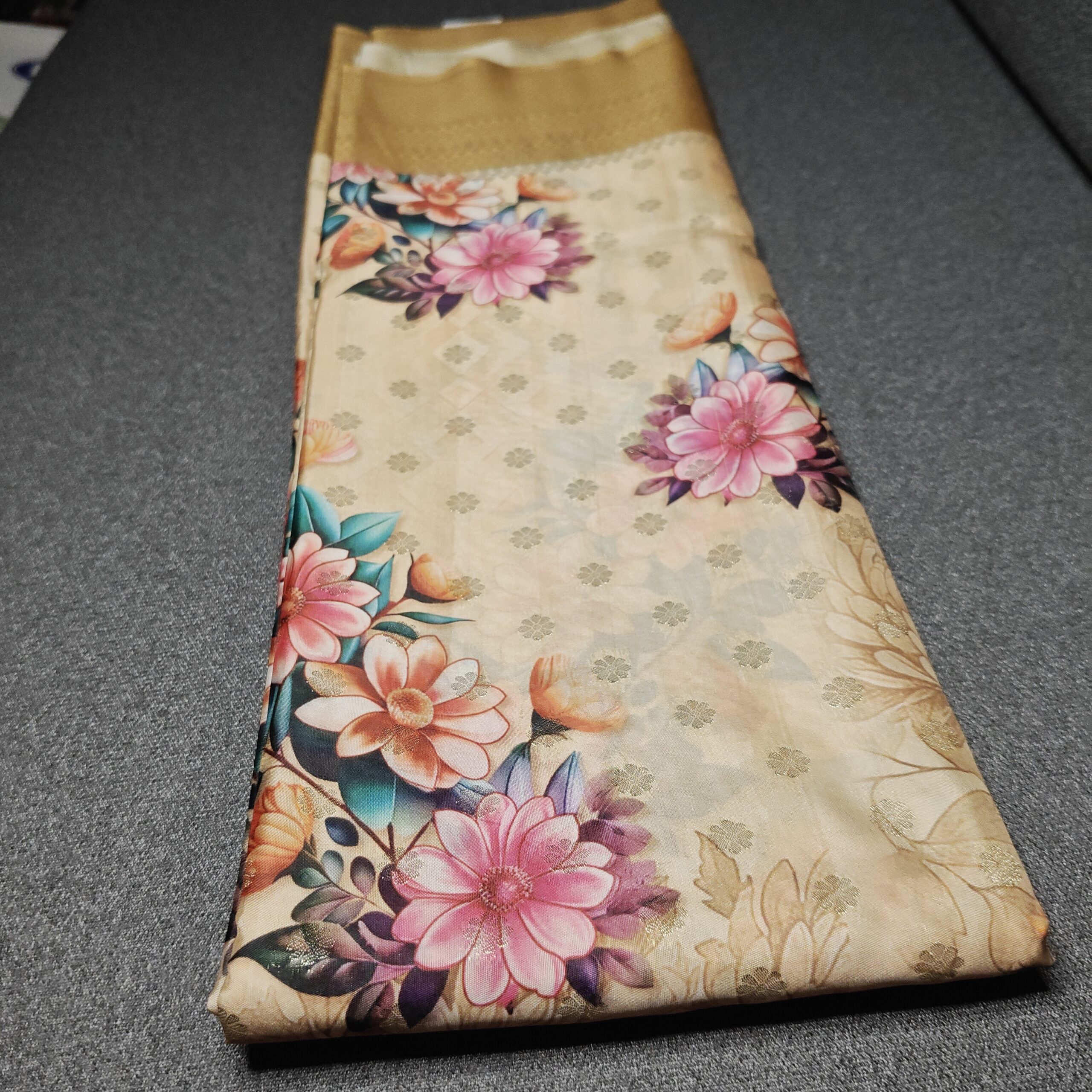 Beige Floral Printed Soft Silk Saree with Gold Zari Border